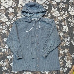 Marsh Landing Blue and White Striped Hoodie Button Front 100% Cotton